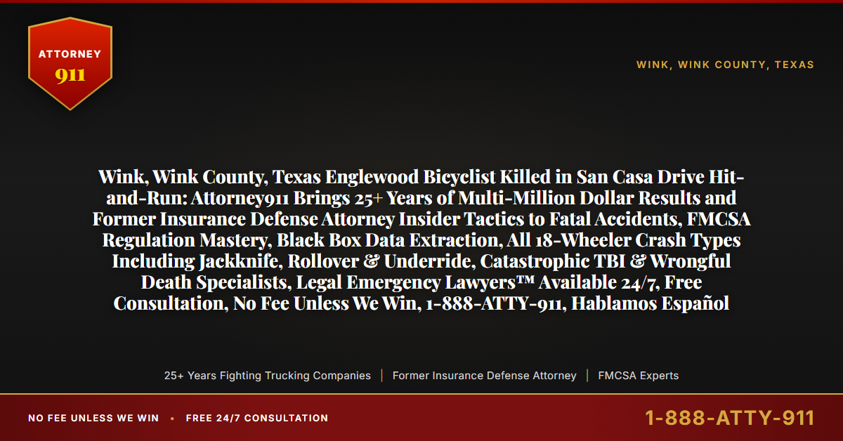 Wink, Wink County, Texas Englewood Bicyclist Killed in San Casa Drive Hit-and-Run: Attorney911 Brings 25+ Years of Multi-Million Dollar Results and Former Insurance Defense Attorney Insider Tactics to Fatal Accidents, FMCSA Regulation Mastery, Black Box Data Extraction, All 18-Wheeler Crash Types Including Jackknife, Rollover & Underride, Catastrophic TBI & Wrongful Death Specialists, Legal Emergency Lawyers™ Available 24/7, Free Consultation, No Fee Unless We Win, 1-888-ATTY-911, Hablamos Español - Attorney911