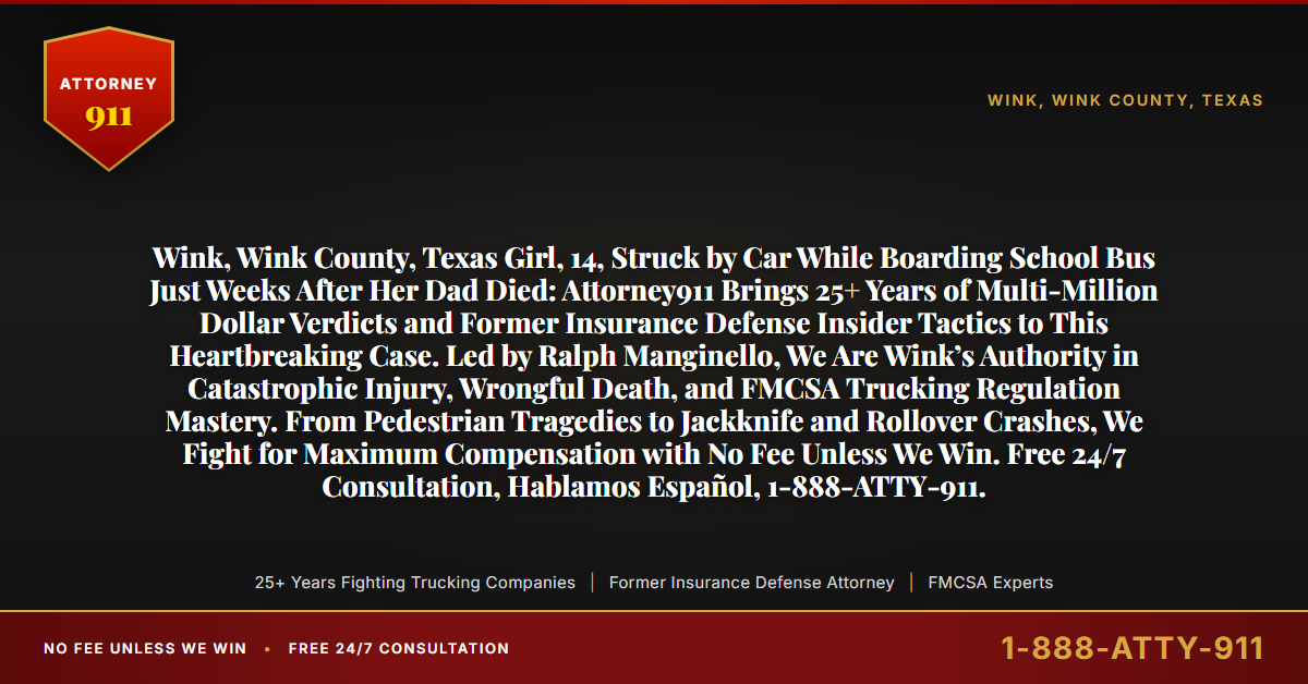 Wink, Wink County, Texas Girl, 14, Struck by Car While Boarding School Bus Just Weeks After Her Dad Died: Attorney911 Brings 25+ Years of Multi-Million Dollar Verdicts and Former Insurance Defense Insider Tactics to This Heartbreaking Case. Led by Ralph Manginello, We Are Wink’s Authority in Catastrophic Injury, Wrongful Death, and FMCSA Trucking Regulation Mastery. From Pedestrian Tragedies to Jackknife and Rollover Crashes, We Fight for Maximum Compensation with No Fee Unless We Win. Free 24/7 Consultation, Hablamos Español, 1-888-ATTY-911. - Attorney911