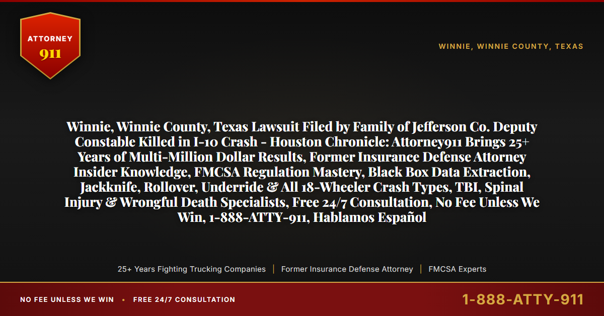Winnie, Winnie County, Texas Lawsuit Filed by Family of Jefferson Co. Deputy Constable Killed in I-10 Crash - Houston Chronicle: Attorney911 Brings 25+ Years of Multi-Million Dollar Results, Former Insurance Defense Attorney Insider Knowledge, FMCSA Regulation Mastery, Black Box Data Extraction, Jackknife, Rollover, Underride & All 18-Wheeler Crash Types, TBI, Spinal Injury & Wrongful Death Specialists, Free 24/7 Consultation, No Fee Unless We Win, 1-888-ATTY-911, Hablamos Español - Attorney911