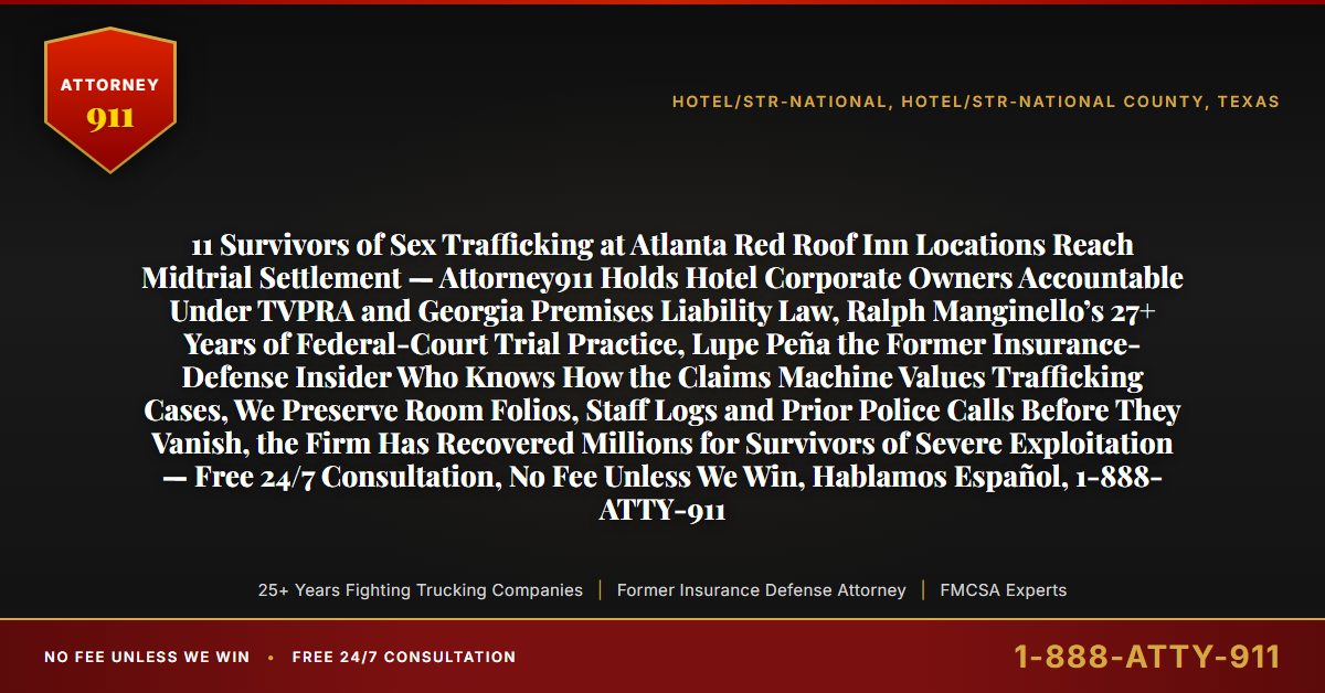 11 Survivors of Sex Trafficking at Atlanta Red Roof Inn Locations Reach Midtrial Settlement — Attorney911 Holds Hotel Corporate Owners Accountable Under TVPRA and Georgia Premises Liability Law, Ralph Manginello’s 27+ Years of Federal-Court Trial Practice, Lupe Peña the Former Insurance-Defense Insider Who Knows How the Claims Machine Values Trafficking Cases, We Preserve Room Folios, Staff Logs and Prior Police Calls Before They Vanish, the Firm Has Recovered Millions for Survivors of Severe Exploitation — Free 24/7 Consultation, No Fee Unless We Win, Hablamos Español, 1-888-ATTY-911 - Attorney911