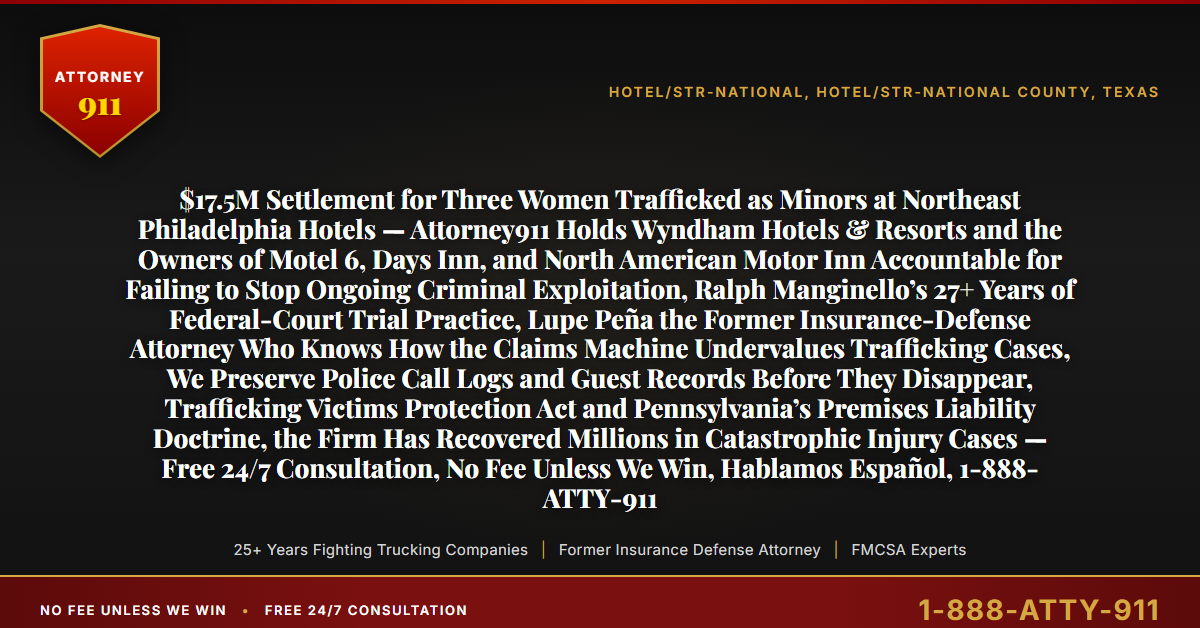 $17.5M Settlement for Three Women Trafficked as Minors at Northeast Philadelphia Hotels — Attorney911 Holds Wyndham Hotels & Resorts and the Owners of Motel 6, Days Inn, and North American Motor Inn Accountable for Failing to Stop Ongoing Criminal Exploitation, Ralph Manginello’s 27+ Years of Federal-Court Trial Practice, Lupe Peña the Former Insurance-Defense Attorney Who Knows How the Claims Machine Undervalues Trafficking Cases, We Preserve Police Call Logs and Guest Records Before They Disappear, Trafficking Victims Protection Act and Pennsylvania’s Premises Liability Doctrine, the Firm Has Recovered Millions in Catastrophic Injury Cases — Free 24/7 Consultation, No Fee Unless We Win, Hablamos Español, 1-888-ATTY-911 - Attorney911