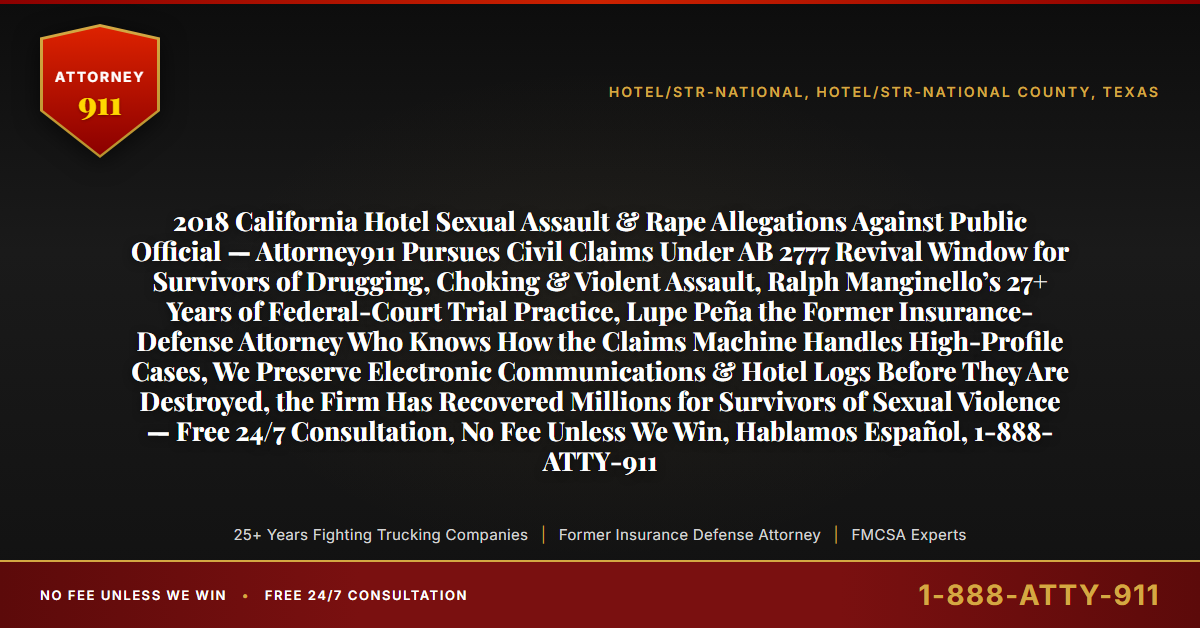 2018 California Hotel Sexual Assault & Rape Allegations Against Public Official — Attorney911 Pursues Civil Claims Under AB 2777 Revival Window for Survivors of Drugging, Choking & Violent Assault, Ralph Manginello’s 27+ Years of Federal-Court Trial Practice, Lupe Peña the Former Insurance-Defense Attorney Who Knows How the Claims Machine Handles High-Profile Cases, We Preserve Electronic Communications & Hotel Logs Before They Are Destroyed, the Firm Has Recovered Millions for Survivors of Sexual Violence — Free 24/7 Consultation, No Fee Unless We Win, Hablamos Español, 1-888-ATTY-911 - Attorney911