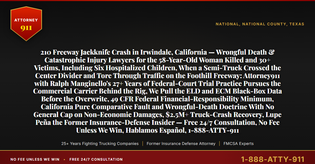 210 Freeway Jackknife Crash in Irwindale, California — Wrongful Death & Catastrophic Injury Lawyers for the 58-Year-Old Woman Killed and 30+ Victims, Including Six Hospitalized Children, When a Semi-Truck Crossed the Center Divider and Tore Through Traffic on the Foothill Freeway: Attorney911 with Ralph Manginello's 27+ Years of Federal-Court Trial Practice Pursues the Commercial Carrier Behind the Rig, We Pull the ELD and ECM Black-Box Data Before the Overwrite, 49 CFR Federal Financial-Responsibility Minimum, California Pure Comparative Fault and Wrongful-Death Doctrine With No General Cap on Non-Economic Damages, $2.5M+ Truck-Crash Recovery, Lupe Peña the Former Insurance-Defense Insider — Free 24/7 Consultation, No Fee Unless We Win, Hablamos Español, 1-888-ATTY-911 - Attorney911