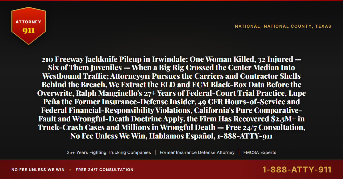 210 Freeway Jackknife Pileup in Irwindale: One Woman Killed, 32 Injured — Six of Them Juveniles — When a Big Rig Crossed the Center Median Into Westbound Traffic; Attorney911 Pursues the Carriers and Contractor Shells Behind the Breach, We Extract the ELD and ECM Black-Box Data Before the Overwrite, Ralph Manginello's 27+ Years of Federal-Court Trial Practice, Lupe Peña the Former Insurance-Defense Insider, 49 CFR Hours-of-Service and Federal Financial-Responsibility Violations, California's Pure Comparative-Fault and Wrongful-Death Doctrine Apply, the Firm Has Recovered $2.5M+ in Truck-Crash Cases and Millions in Wrongful Death — Free 24/7 Consultation, No Fee Unless We Win, Hablamos Español, 1-888-ATTY-911 - Attorney911