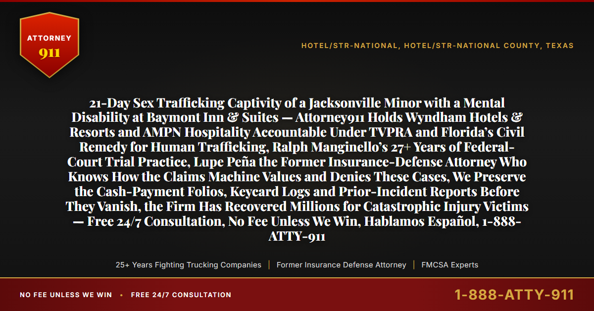 21-Day Sex Trafficking Captivity of a Jacksonville Minor with a Mental Disability at Baymont Inn & Suites — Attorney911 Holds Wyndham Hotels & Resorts and AMPN Hospitality Accountable Under TVPRA and Florida’s Civil Remedy for Human Trafficking, Ralph Manginello’s 27+ Years of Federal-Court Trial Practice, Lupe Peña the Former Insurance-Defense Attorney Who Knows How the Claims Machine Values and Denies These Cases, We Preserve the Cash-Payment Folios, Keycard Logs and Prior-Incident Reports Before They Vanish, the Firm Has Recovered Millions for Catastrophic Injury Victims — Free 24/7 Consultation, No Fee Unless We Win, Hablamos Español, 1-888-ATTY-911 - Attorney911