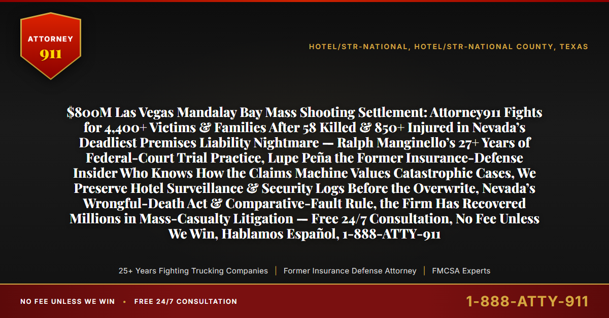 $800M Las Vegas Mandalay Bay Mass Shooting Settlement: Attorney911 Fights for 4,400+ Victims & Families After 58 Killed & 850+ Injured in Nevada’s Deadliest Premises Liability Nightmare — Ralph Manginello’s 27+ Years of Federal-Court Trial Practice, Lupe Peña the Former Insurance-Defense Insider Who Knows How the Claims Machine Values Catastrophic Cases, We Preserve Hotel Surveillance & Security Logs Before the Overwrite, Nevada’s Wrongful-Death Act & Comparative-Fault Rule, the Firm Has Recovered Millions in Mass-Casualty Litigation — Free 24/7 Consultation, No Fee Unless We Win, Hablamos Español, 1-888-ATTY-911 - Attorney911