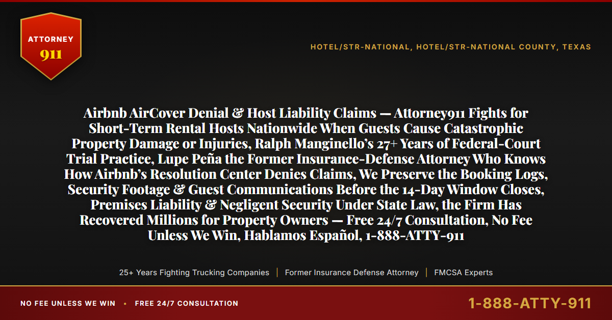 Airbnb AirCover Denial & Host Liability Claims — Attorney911 Fights for Short-Term Rental Hosts Nationwide When Guests Cause Catastrophic Property Damage or Injuries, Ralph Manginello’s 27+ Years of Federal-Court Trial Practice, Lupe Peña the Former Insurance-Defense Attorney Who Knows How Airbnb’s Resolution Center Denies Claims, We Preserve the Booking Logs, Security Footage & Guest Communications Before the 14-Day Window Closes, Premises Liability & Negligent Security Under State Law, the Firm Has Recovered Millions for Property Owners — Free 24/7 Consultation, No Fee Unless We Win, Hablamos Español, 1-888-ATTY-911 - Attorney911