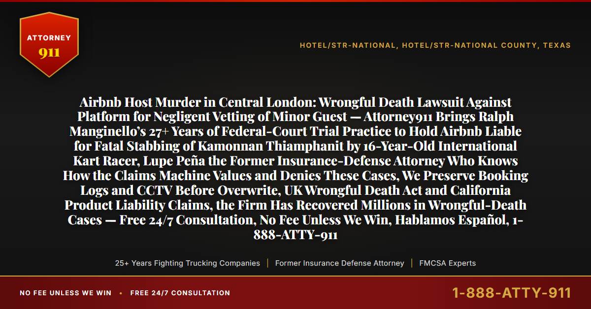 Airbnb Host Murder in Central London: Wrongful Death Lawsuit Against Platform for Negligent Vetting of Minor Guest — Attorney911 Brings Ralph Manginello’s 27+ Years of Federal-Court Trial Practice to Hold Airbnb Liable for Fatal Stabbing of Kamonnan Thiamphanit by 16-Year-Old International Kart Racer, Lupe Peña the Former Insurance-Defense Attorney Who Knows How the Claims Machine Values and Denies These Cases, We Preserve Booking Logs and CCTV Before Overwrite, UK Wrongful Death Act and California Product Liability Claims, the Firm Has Recovered Millions in Wrongful-Death Cases — Free 24/7 Consultation, No Fee Unless We Win, Hablamos Español, 1-888-ATTY-911 - Attorney911