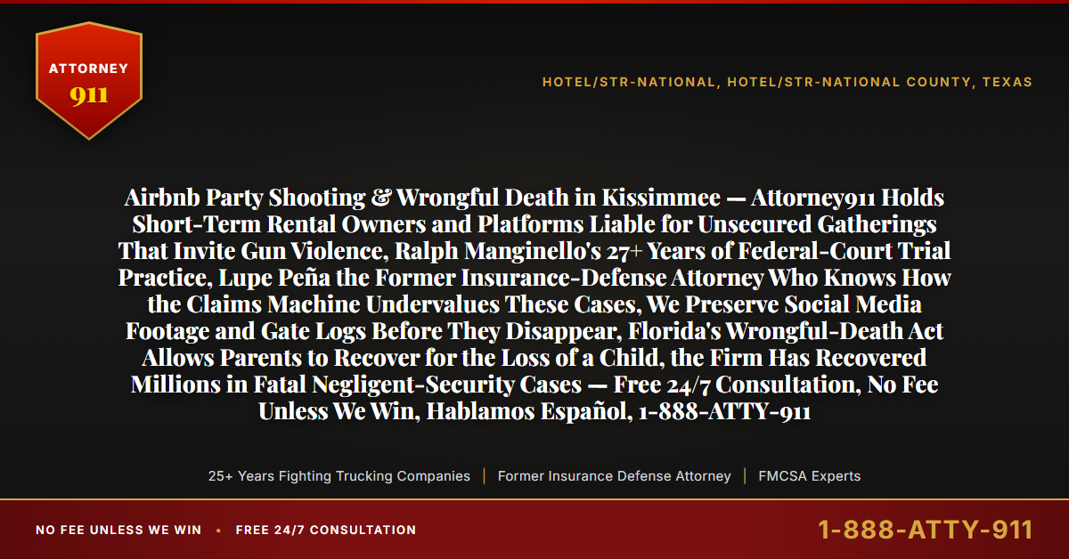 Airbnb Party Shooting & Wrongful Death in Kissimmee — Attorney911 Holds Short-Term Rental Owners and Platforms Liable for Unsecured Gatherings That Invite Gun Violence, Ralph Manginello's 27+ Years of Federal-Court Trial Practice, Lupe Peña the Former Insurance-Defense Attorney Who Knows How the Claims Machine Undervalues These Cases, We Preserve Social Media Footage and Gate Logs Before They Disappear, Florida's Wrongful-Death Act Allows Parents to Recover for the Loss of a Child, the Firm Has Recovered Millions in Fatal Negligent-Security Cases — Free 24/7 Consultation, No Fee Unless We Win, Hablamos Español, 1-888-ATTY-911 - Attorney911
