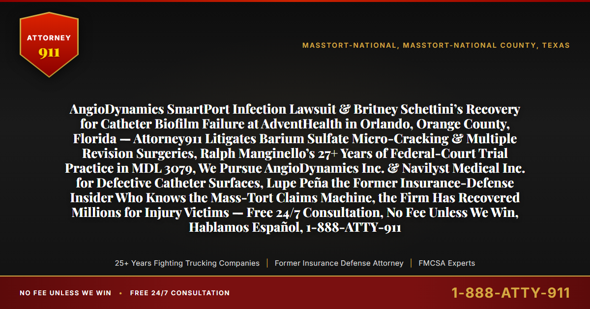 AngioDynamics SmartPort Infection Lawsuit & Britney Schettini’s Recovery for Catheter Biofilm Failure at AdventHealth in Orlando, Orange County, Florida — Attorney911 Litigates Barium Sulfate Micro-Cracking & Multiple Revision Surgeries, Ralph Manginello’s 27+ Years of Federal-Court Trial Practice in MDL 3079, We Pursue AngioDynamics Inc. & Navilyst Medical Inc. for Defective Catheter Surfaces, Lupe Peña the Former Insurance-Defense Insider Who Knows the Mass-Tort Claims Machine, the Firm Has Recovered Millions for Injury Victims — Free 24/7 Consultation, No Fee Unless We Win, Hablamos Español, 1-888-ATTY-911 - Attorney911