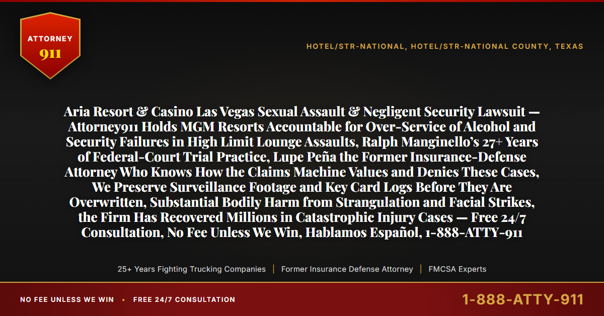 Aria Resort & Casino Las Vegas Sexual Assault & Negligent Security Lawsuit — Attorney911 Holds MGM Resorts Accountable for Over-Service of Alcohol and Security Failures in High Limit Lounge Assaults, Ralph Manginello’s 27+ Years of Federal-Court Trial Practice, Lupe Peña the Former Insurance-Defense Attorney Who Knows How the Claims Machine Values and Denies These Cases, We Preserve Surveillance Footage and Key Card Logs Before They Are Overwritten, Substantial Bodily Harm from Strangulation and Facial Strikes, the Firm Has Recovered Millions in Catastrophic Injury Cases — Free 24/7 Consultation, No Fee Unless We Win, Hablamos Español, 1-888-ATTY-911 - Attorney911