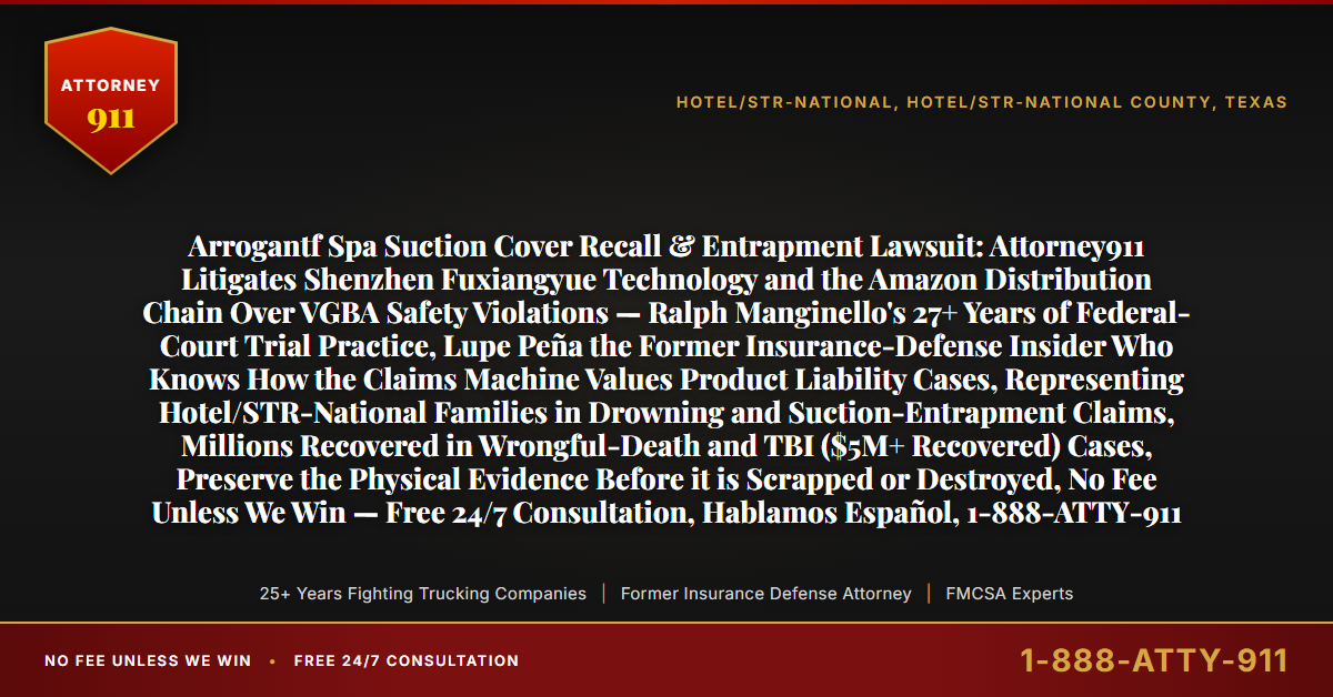 Arrogantf Spa Suction Cover Recall & Entrapment Lawsuit: Attorney911 Litigates Shenzhen Fuxiangyue Technology and the Amazon Distribution Chain Over VGBA Safety Violations — Ralph Manginello's 27+ Years of Federal-Court Trial Practice, Lupe Peña the Former Insurance-Defense Insider Who Knows How the Claims Machine Values Product Liability Cases, Representing Hotel/STR-National Families in Drowning and Suction-Entrapment Claims, Millions Recovered in Wrongful-Death and TBI ($5M+ Recovered) Cases, Preserve the Physical Evidence Before it is Scrapped or Destroyed, No Fee Unless We Win — Free 24/7 Consultation, Hablamos Español, 1-888-ATTY-911 - Attorney911