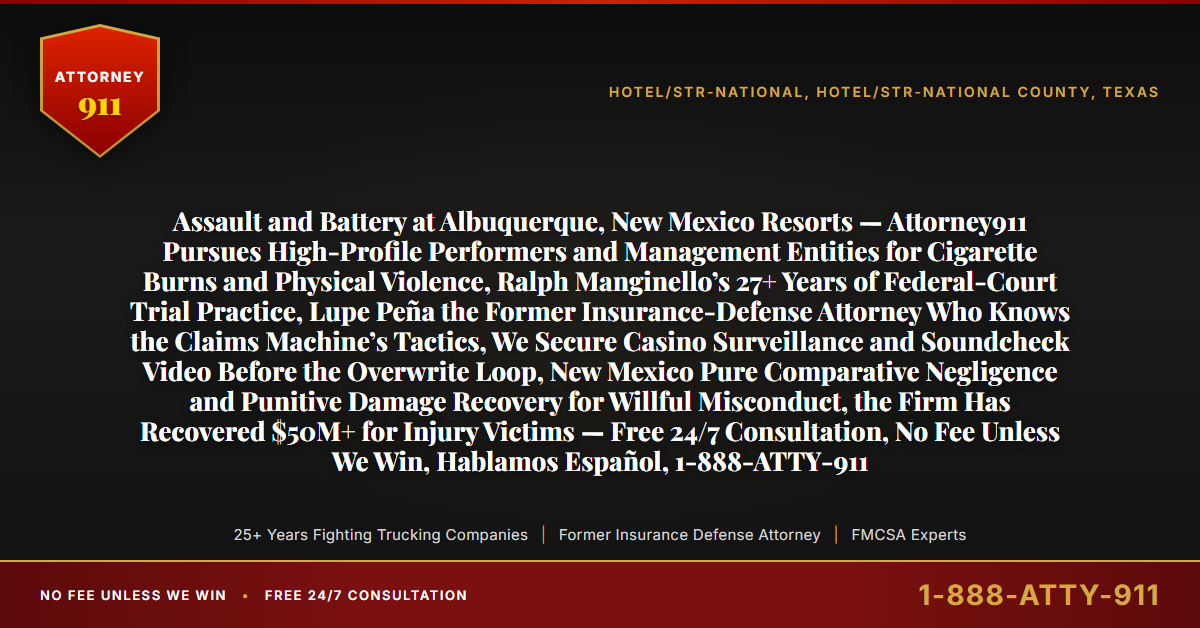 Assault and Battery at Albuquerque, New Mexico Resorts — Attorney911 Pursues High-Profile Performers and Management Entities for Cigarette Burns and Physical Violence, Ralph Manginello’s 27+ Years of Federal-Court Trial Practice, Lupe Peña the Former Insurance-Defense Attorney Who Knows the Claims Machine’s Tactics, We Secure Casino Surveillance and Soundcheck Video Before the Overwrite Loop, New Mexico Pure Comparative Negligence and Punitive Damage Recovery for Willful Misconduct, the Firm Has Recovered $50M+ for Injury Victims — Free 24/7 Consultation, No Fee Unless We Win, Hablamos Español, 1-888-ATTY-911 - Attorney911