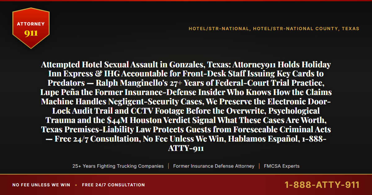 Attempted Hotel Sexual Assault in Gonzales, Texas: Attorney911 Holds Holiday Inn Express & IHG Accountable for Front-Desk Staff Issuing Key Cards to Predators — Ralph Manginello's 27+ Years of Federal-Court Trial Practice, Lupe Peña the Former Insurance-Defense Insider Who Knows How the Claims Machine Handles Negligent-Security Cases, We Preserve the Electronic Door-Lock Audit Trail and CCTV Footage Before the Overwrite, Psychological Trauma and the $44M Houston Verdict Signal What These Cases Are Worth, Texas Premises-Liability Law Protects Guests from Foreseeable Criminal Acts — Free 24/7 Consultation, No Fee Unless We Win, Hablamos Español, 1-888-ATTY-911 - Attorney911