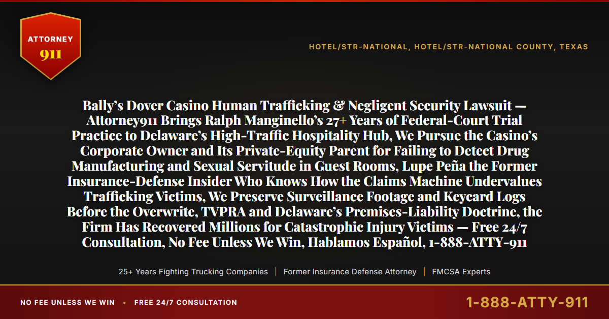 Bally’s Dover Casino Human Trafficking & Negligent Security Lawsuit — Attorney911 Brings Ralph Manginello’s 27+ Years of Federal-Court Trial Practice to Delaware’s High-Traffic Hospitality Hub, We Pursue the Casino’s Corporate Owner and Its Private-Equity Parent for Failing to Detect Drug Manufacturing and Sexual Servitude in Guest Rooms, Lupe Peña the Former Insurance-Defense Insider Who Knows How the Claims Machine Undervalues Trafficking Victims, We Preserve Surveillance Footage and Keycard Logs Before the Overwrite, TVPRA and Delaware’s Premises-Liability Doctrine, the Firm Has Recovered Millions for Catastrophic Injury Victims — Free 24/7 Consultation, No Fee Unless We Win, Hablamos Español, 1-888-ATTY-911 - Attorney911