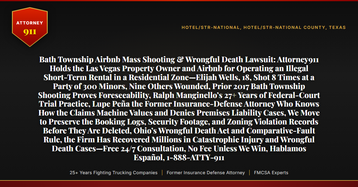 Bath Township Airbnb Mass Shooting & Wrongful Death Lawsuit: Attorney911 Holds the Las Vegas Property Owner and Airbnb for Operating an Illegal Short-Term Rental in a Residential Zone—Elijah Wells, 18, Shot 8 Times at a Party of 300 Minors, Nine Others Wounded, Prior 2017 Bath Township Shooting Proves Foreseeability, Ralph Manginello’s 27+ Years of Federal-Court Trial Practice, Lupe Peña the Former Insurance-Defense Attorney Who Knows How the Claims Machine Values and Denies Premises Liability Cases, We Move to Preserve the Booking Logs, Security Footage, and Zoning Violation Records Before They Are Deleted, Ohio’s Wrongful Death Act and Comparative-Fault Rule, the Firm Has Recovered Millions in Catastrophic Injury and Wrongful Death Cases—Free 24/7 Consultation, No Fee Unless We Win, Hablamos Español, 1-888-ATTY-911 - Attorney911