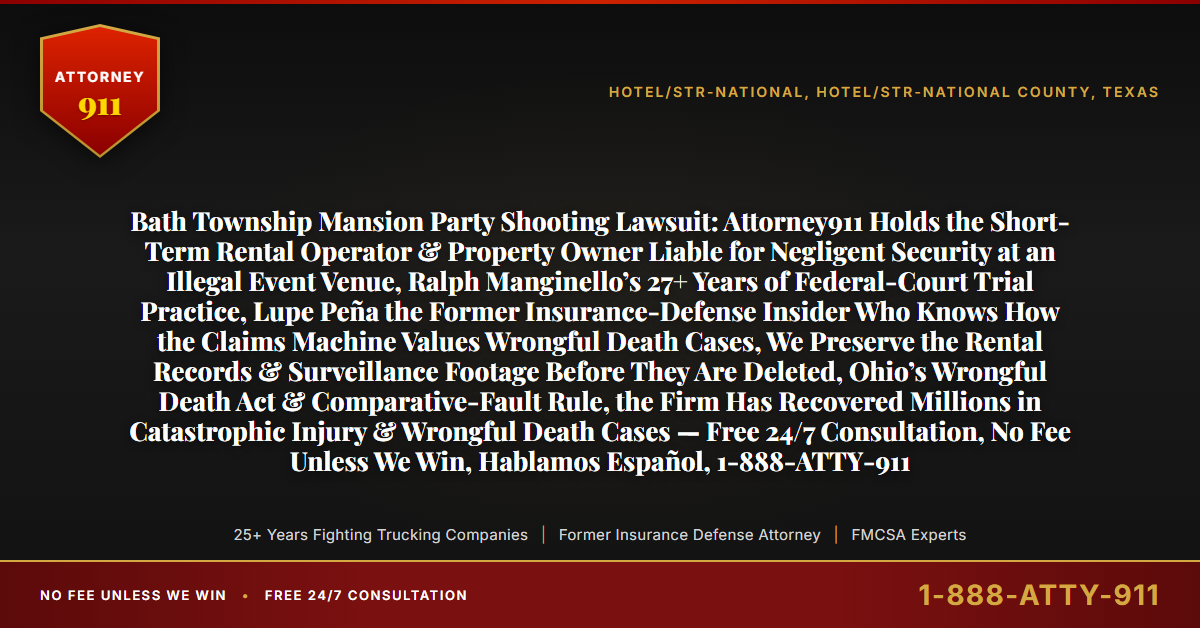 Bath Township Mansion Party Shooting Lawsuit: Attorney911 Holds the Short-Term Rental Operator & Property Owner Liable for Negligent Security at an Illegal Event Venue, Ralph Manginello’s 27+ Years of Federal-Court Trial Practice, Lupe Peña the Former Insurance-Defense Insider Who Knows How the Claims Machine Values Wrongful Death Cases, We Preserve the Rental Records & Surveillance Footage Before They Are Deleted, Ohio’s Wrongful Death Act & Comparative-Fault Rule, the Firm Has Recovered Millions in Catastrophic Injury & Wrongful Death Cases — Free 24/7 Consultation, No Fee Unless We Win, Hablamos Español, 1-888-ATTY-911 - Attorney911