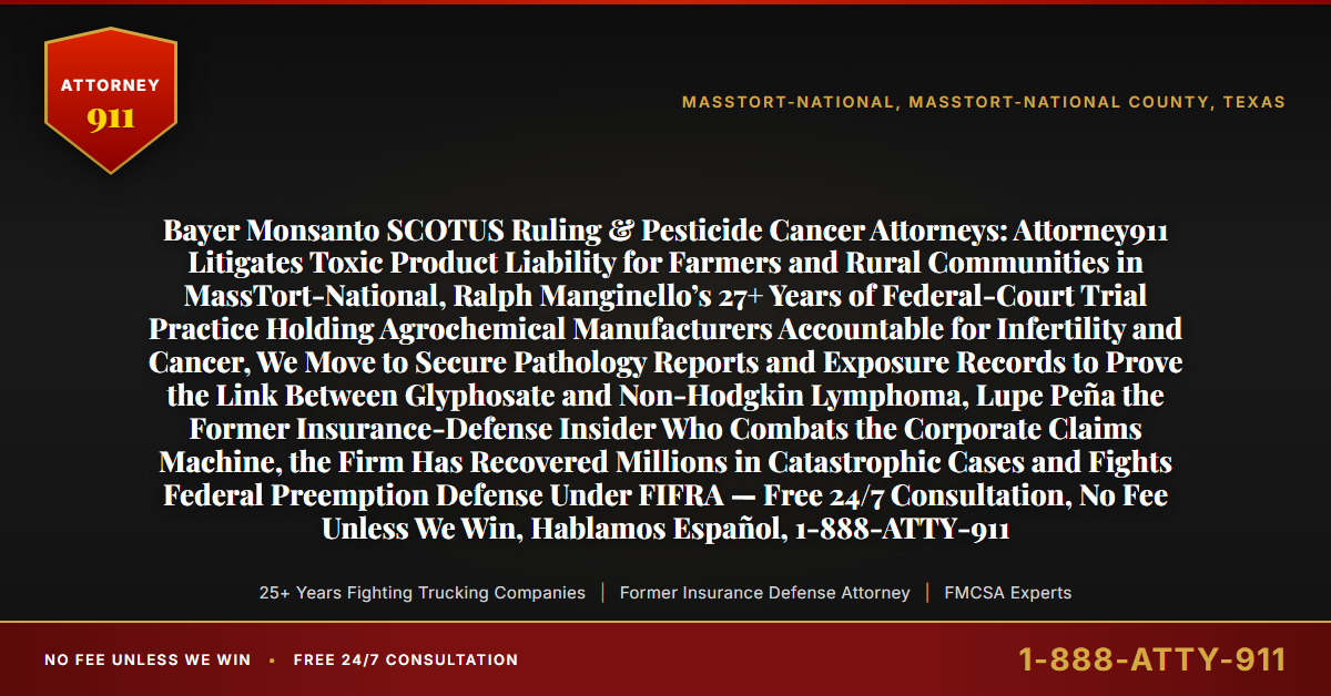 Bayer Monsanto SCOTUS Ruling & Pesticide Cancer Attorneys: Attorney911 Litigates Toxic Product Liability for Farmers and Rural Communities in MassTort-National, Ralph Manginello’s 27+ Years of Federal-Court Trial Practice Holding Agrochemical Manufacturers Accountable for Infertility and Cancer, We Move to Secure Pathology Reports and Exposure Records to Prove the Link Between Glyphosate and Non-Hodgkin Lymphoma, Lupe Peña the Former Insurance-Defense Insider Who Combats the Corporate Claims Machine, the Firm Has Recovered Millions in Catastrophic Cases and Fights Federal Preemption Defense Under FIFRA — Free 24/7 Consultation, No Fee Unless We Win, Hablamos Español, 1-888-ATTY-911 - Attorney911