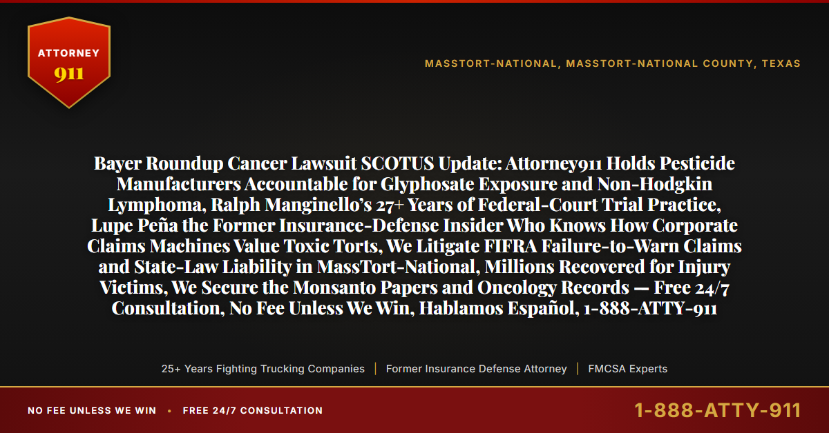 Bayer Roundup Cancer Lawsuit SCOTUS Update: Attorney911 Holds Pesticide Manufacturers Accountable for Glyphosate Exposure and Non-Hodgkin Lymphoma, Ralph Manginello’s 27+ Years of Federal-Court Trial Practice, Lupe Peña the Former Insurance-Defense Insider Who Knows How Corporate Claims Machines Value Toxic Torts, We Litigate FIFRA Failure-to-Warn Claims and State-Law Liability in MassTort-National, Millions Recovered for Injury Victims, We Secure the Monsanto Papers and Oncology Records — Free 24/7 Consultation, No Fee Unless We Win, Hablamos Español, 1-888-ATTY-911 - Attorney911