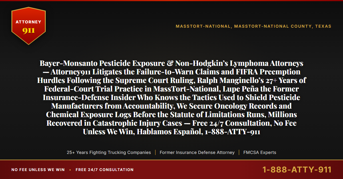 Bayer-Monsanto Pesticide Exposure & Non-Hodgkin’s Lymphoma Attorneys — Attorney911 Litigates the Failure-to-Warn Claims and FIFRA Preemption Hurdles Following the Supreme Court Ruling, Ralph Manginello’s 27+ Years of Federal-Court Trial Practice in MassTort-National, Lupe Peña the Former Insurance-Defense Insider Who Knows the Tactics Used to Shield Pesticide Manufacturers from Accountability, We Secure Oncology Records and Chemical Exposure Logs Before the Statute of Limitations Runs, Millions Recovered in Catastrophic Injury Cases — Free 24/7 Consultation, No Fee Unless We Win, Hablamos Español, 1-888-ATTY-911 - Attorney911
