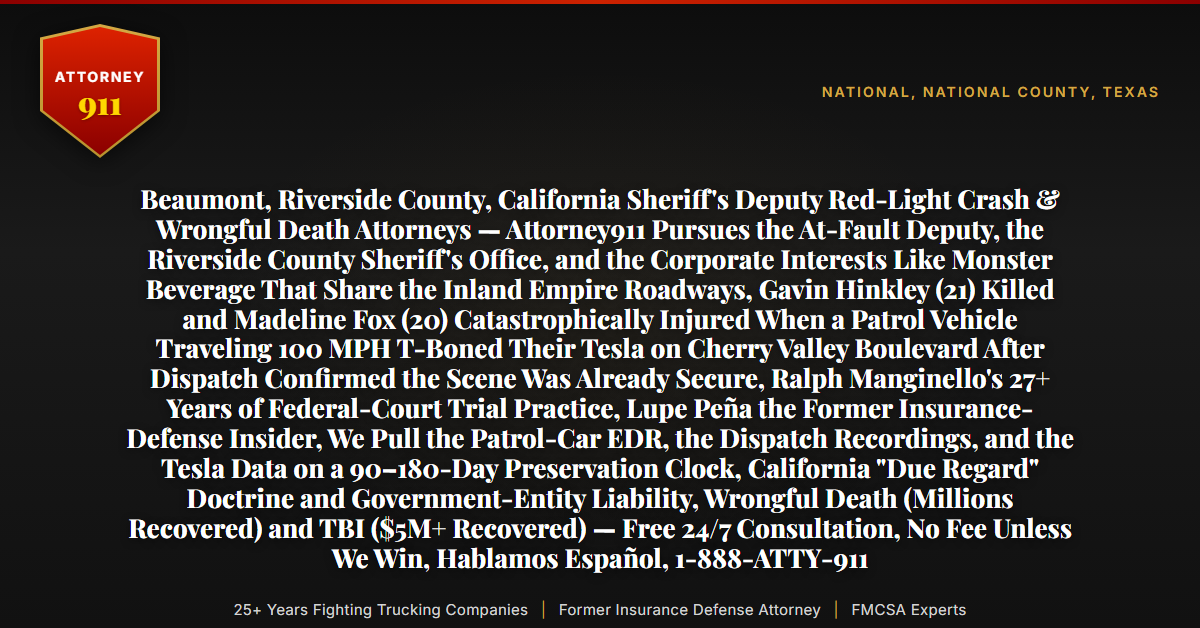 Beaumont, Riverside County, California Sheriff's Deputy Red-Light Crash & Wrongful Death Attorneys — Attorney911 Pursues the At-Fault Deputy, the Riverside County Sheriff's Office, and the Corporate Interests Like Monster Beverage That Share the Inland Empire Roadways, Gavin Hinkley (21) Killed and Madeline Fox (20) Catastrophically Injured When a Patrol Vehicle Traveling 100 MPH T-Boned Their Tesla on Cherry Valley Boulevard After Dispatch Confirmed the Scene Was Already Secure, Ralph Manginello's 27+ Years of Federal-Court Trial Practice, Lupe Peña the Former Insurance-Defense Insider, We Pull the Patrol-Car EDR, the Dispatch Recordings, and the Tesla Data on a 90–180-Day Preservation Clock, California 