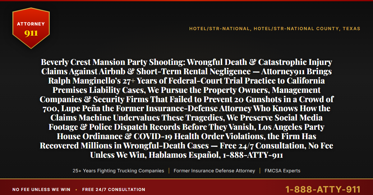 Beverly Crest Mansion Party Shooting: Wrongful Death & Catastrophic Injury Claims Against Airbnb & Short-Term Rental Negligence — Attorney911 Brings Ralph Manginello’s 27+ Years of Federal-Court Trial Practice to California Premises Liability Cases, We Pursue the Property Owners, Management Companies & Security Firms That Failed to Prevent 20 Gunshots in a Crowd of 700, Lupe Peña the Former Insurance-Defense Attorney Who Knows How the Claims Machine Undervalues These Tragedies, We Preserve Social Media Footage & Police Dispatch Records Before They Vanish, Los Angeles Party House Ordinance & COVID-19 Health Order Violations, the Firm Has Recovered Millions in Wrongful-Death Cases — Free 24/7 Consultation, No Fee Unless We Win, Hablamos Español, 1-888-ATTY-911 - Attorney911