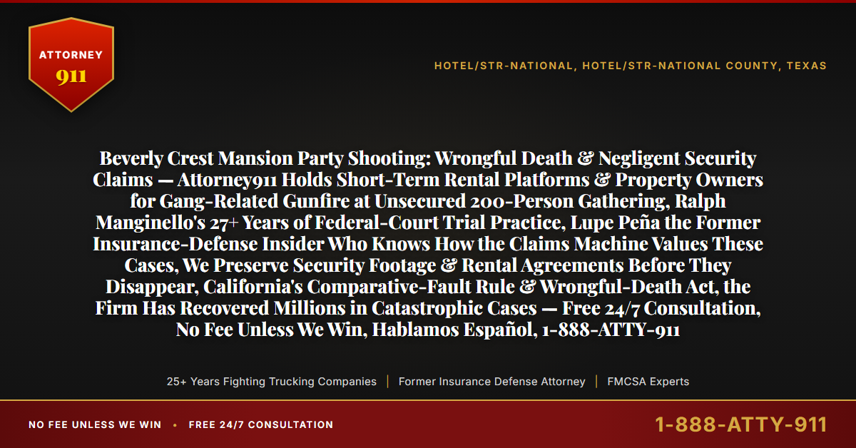 Beverly Crest Mansion Party Shooting: Wrongful Death & Negligent Security Claims — Attorney911 Holds Short-Term Rental Platforms & Property Owners for Gang-Related Gunfire at Unsecured 200-Person Gathering, Ralph Manginello's 27+ Years of Federal-Court Trial Practice, Lupe Peña the Former Insurance-Defense Insider Who Knows How the Claims Machine Values These Cases, We Preserve Security Footage & Rental Agreements Before They Disappear, California's Comparative-Fault Rule & Wrongful-Death Act, the Firm Has Recovered Millions in Catastrophic Cases — Free 24/7 Consultation, No Fee Unless We Win, Hablamos Español, 1-888-ATTY-911 - Attorney911