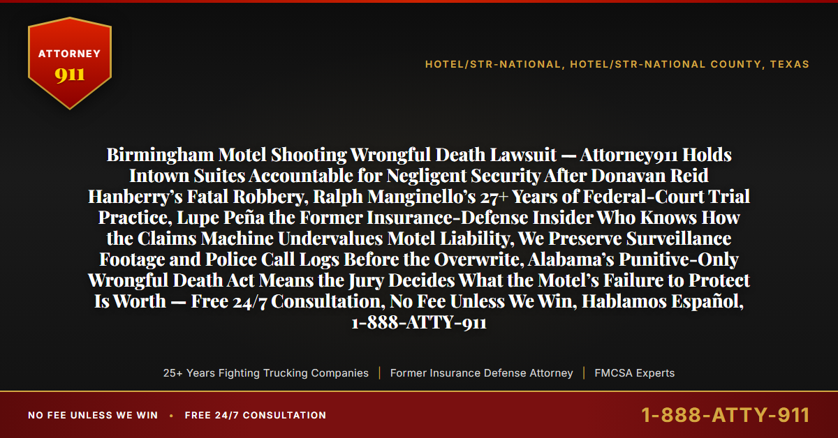 Birmingham Motel Shooting Wrongful Death Lawsuit — Attorney911 Holds Intown Suites Accountable for Negligent Security After Donavan Reid Hanberry’s Fatal Robbery, Ralph Manginello’s 27+ Years of Federal-Court Trial Practice, Lupe Peña the Former Insurance-Defense Insider Who Knows How the Claims Machine Undervalues Motel Liability, We Preserve Surveillance Footage and Police Call Logs Before the Overwrite, Alabama’s Punitive-Only Wrongful Death Act Means the Jury Decides What the Motel’s Failure to Protect Is Worth — Free 24/7 Consultation, No Fee Unless We Win, Hablamos Español, 1-888-ATTY-911 - Attorney911