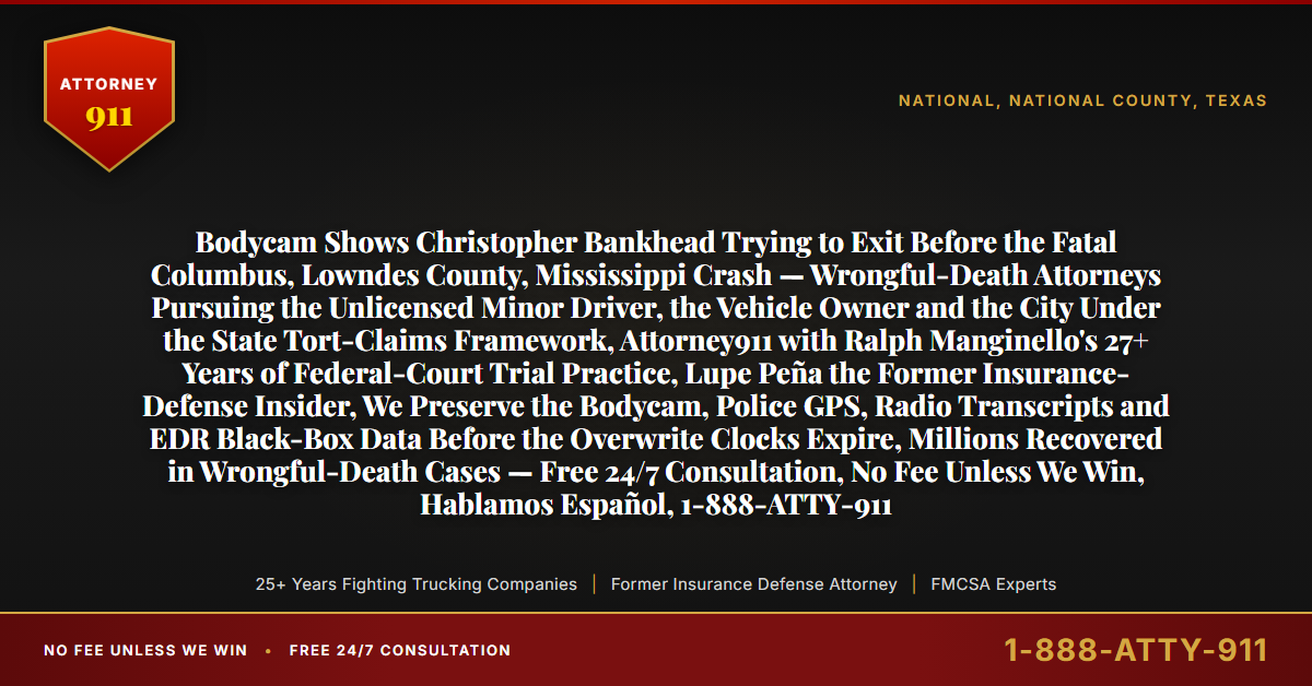 Bodycam Shows Christopher Bankhead Trying to Exit Before the Fatal Columbus, Lowndes County, Mississippi Crash — Wrongful-Death Attorneys Pursuing the Unlicensed Minor Driver, the Vehicle Owner and the City Under the State Tort-Claims Framework, Attorney911 with Ralph Manginello's 27+ Years of Federal-Court Trial Practice, Lupe Peña the Former Insurance-Defense Insider, We Preserve the Bodycam, Police GPS, Radio Transcripts and EDR Black-Box Data Before the Overwrite Clocks Expire, Millions Recovered in Wrongful-Death Cases — Free 24/7 Consultation, No Fee Unless We Win, Hablamos Español, 1-888-ATTY-911 - Attorney911