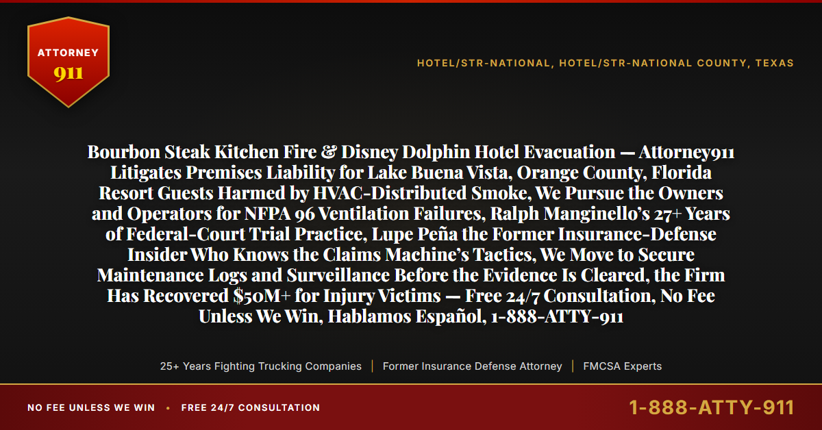 Bourbon Steak Kitchen Fire & Disney Dolphin Hotel Evacuation — Attorney911 Litigates Premises Liability for Lake Buena Vista, Orange County, Florida Resort Guests Harmed by HVAC-Distributed Smoke, We Pursue the Owners and Operators for NFPA 96 Ventilation Failures, Ralph Manginello’s 27+ Years of Federal-Court Trial Practice, Lupe Peña the Former Insurance-Defense Insider Who Knows the Claims Machine’s Tactics, We Move to Secure Maintenance Logs and Surveillance Before the Evidence Is Cleared, the Firm Has Recovered $50M+ for Injury Victims — Free 24/7 Consultation, No Fee Unless We Win, Hablamos Español, 1-888-ATTY-911 - Attorney911
