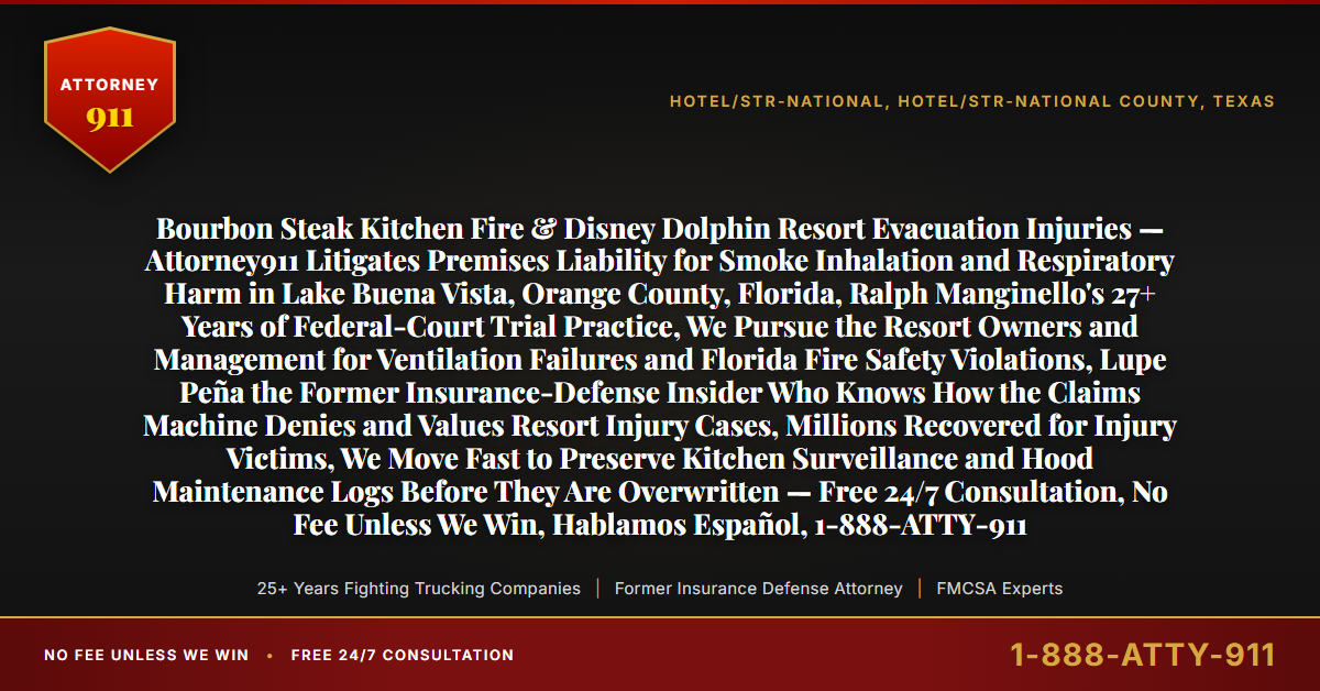 Bourbon Steak Kitchen Fire & Disney Dolphin Resort Evacuation Injuries — Attorney911 Litigates Premises Liability for Smoke Inhalation and Respiratory Harm in Lake Buena Vista, Orange County, Florida, Ralph Manginello's 27+ Years of Federal-Court Trial Practice, We Pursue the Resort Owners and Management for Ventilation Failures and Florida Fire Safety Violations, Lupe Peña the Former Insurance-Defense Insider Who Knows How the Claims Machine Denies and Values Resort Injury Cases, Millions Recovered for Injury Victims, We Move Fast to Preserve Kitchen Surveillance and Hood Maintenance Logs Before They Are Overwritten — Free 24/7 Consultation, No Fee Unless We Win, Hablamos Español, 1-888-ATTY-911 - Attorney911