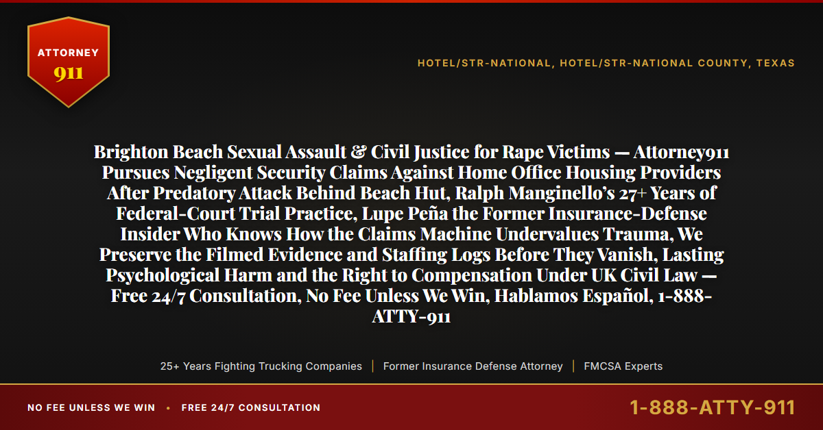 Brighton Beach Sexual Assault & Civil Justice for Rape Victims — Attorney911 Pursues Negligent Security Claims Against Home Office Housing Providers After Predatory Attack Behind Beach Hut, Ralph Manginello’s 27+ Years of Federal-Court Trial Practice, Lupe Peña the Former Insurance-Defense Insider Who Knows How the Claims Machine Undervalues Trauma, We Preserve the Filmed Evidence and Staffing Logs Before They Vanish, Lasting Psychological Harm and the Right to Compensation Under UK Civil Law — Free 24/7 Consultation, No Fee Unless We Win, Hablamos Español, 1-888-ATTY-911 - Attorney911