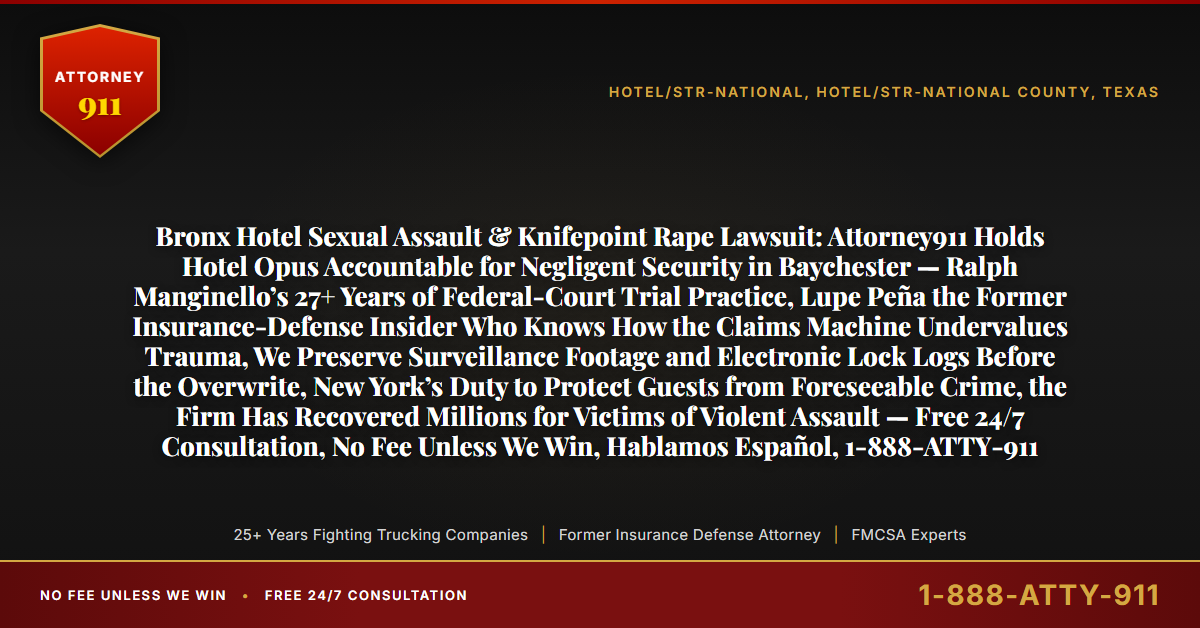 Bronx Hotel Sexual Assault & Knifepoint Rape Lawsuit: Attorney911 Holds Hotel Opus Accountable for Negligent Security in Baychester — Ralph Manginello’s 27+ Years of Federal-Court Trial Practice, Lupe Peña the Former Insurance-Defense Insider Who Knows How the Claims Machine Undervalues Trauma, We Preserve Surveillance Footage and Electronic Lock Logs Before the Overwrite, New York’s Duty to Protect Guests from Foreseeable Crime, the Firm Has Recovered Millions for Victims of Violent Assault — Free 24/7 Consultation, No Fee Unless We Win, Hablamos Español, 1-888-ATTY-911 - Attorney911