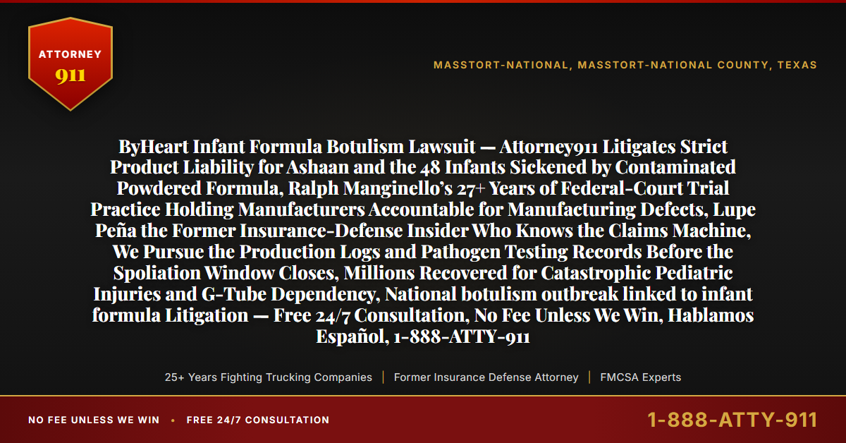 ByHeart Infant Formula Botulism Lawsuit — Attorney911 Litigates Strict Product Liability for Ashaan and the 48 Infants Sickened by Contaminated Powdered Formula, Ralph Manginello’s 27+ Years of Federal-Court Trial Practice Holding Manufacturers Accountable for Manufacturing Defects, Lupe Peña the Former Insurance-Defense Insider Who Knows the Claims Machine, We Pursue the Production Logs and Pathogen Testing Records Before the Spoliation Window Closes, Millions Recovered for Catastrophic Pediatric Injuries and G-Tube Dependency, National botulism outbreak linked to infant formula Litigation — Free 24/7 Consultation, No Fee Unless We Win, Hablamos Español, 1-888-ATTY-911 - Attorney911