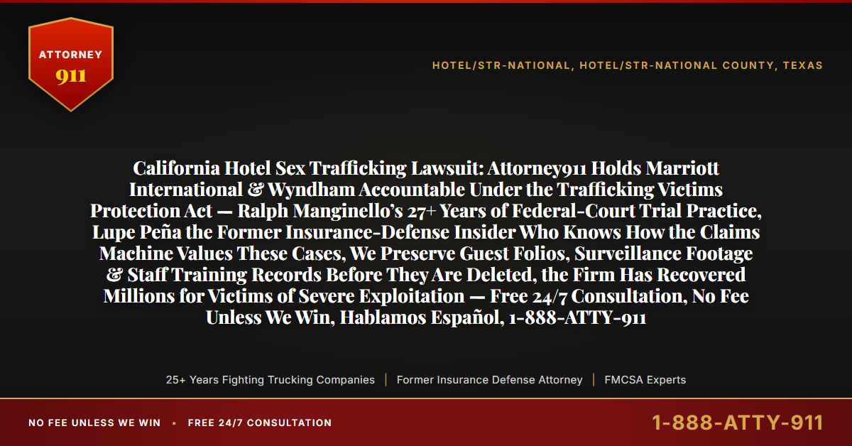 California Hotel Sex Trafficking Lawsuit: Attorney911 Holds Marriott International & Wyndham Accountable Under the Trafficking Victims Protection Act — Ralph Manginello’s 27+ Years of Federal-Court Trial Practice, Lupe Peña the Former Insurance-Defense Insider Who Knows How the Claims Machine Values These Cases, We Preserve Guest Folios, Surveillance Footage & Staff Training Records Before They Are Deleted, the Firm Has Recovered Millions for Victims of Severe Exploitation — Free 24/7 Consultation, No Fee Unless We Win, Hablamos Español, 1-888-ATTY-911 - Attorney911