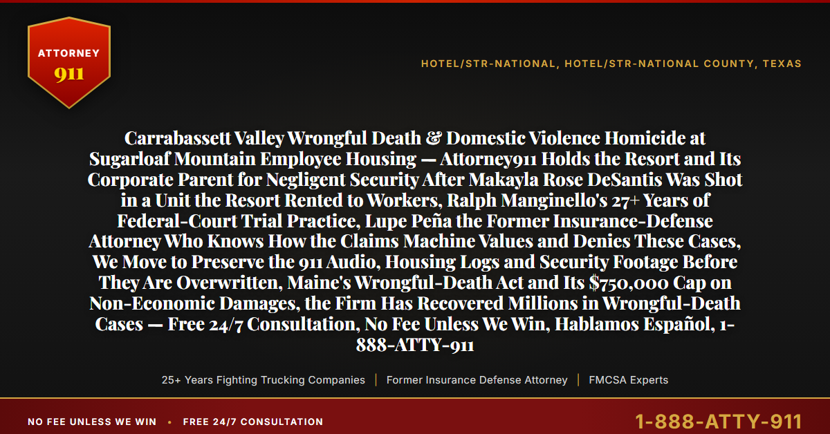 Carrabassett Valley Wrongful Death & Domestic Violence Homicide at Sugarloaf Mountain Employee Housing — Attorney911 Holds the Resort and Its Corporate Parent for Negligent Security After Makayla Rose DeSantis Was Shot in a Unit the Resort Rented to Workers, Ralph Manginello's 27+ Years of Federal-Court Trial Practice, Lupe Peña the Former Insurance-Defense Attorney Who Knows How the Claims Machine Values and Denies These Cases, We Move to Preserve the 911 Audio, Housing Logs and Security Footage Before They Are Overwritten, Maine's Wrongful-Death Act and Its $750,000 Cap on Non-Economic Damages, the Firm Has Recovered Millions in Wrongful-Death Cases — Free 24/7 Consultation, No Fee Unless We Win, Hablamos Español, 1-888-ATTY-911 - Attorney911