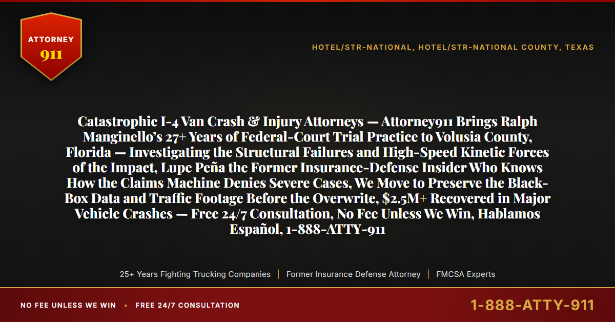 Catastrophic I-4 Van Crash & Injury Attorneys — Attorney911 Brings Ralph Manginello’s 27+ Years of Federal-Court Trial Practice to Volusia County, Florida — Investigating the Structural Failures and High-Speed Kinetic Forces of the Impact, Lupe Peña the Former Insurance-Defense Insider Who Knows How the Claims Machine Denies Severe Cases, We Move to Preserve the Black-Box Data and Traffic Footage Before the Overwrite, $2.5M+ Recovered in Major Vehicle Crashes — Free 24/7 Consultation, No Fee Unless We Win, Hablamos Español, 1-888-ATTY-911 - Attorney911
