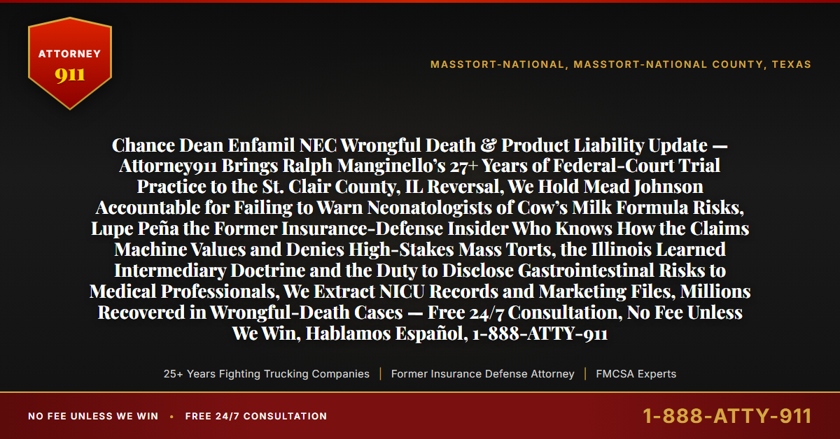 Chance Dean Enfamil NEC Wrongful Death & Product Liability Update — Attorney911 Brings Ralph Manginello’s 27+ Years of Federal-Court Trial Practice to the St. Clair County, IL Reversal, We Hold Mead Johnson Accountable for Failing to Warn Neonatologists of Cow’s Milk Formula Risks, Lupe Peña the Former Insurance-Defense Insider Who Knows How the Claims Machine Values and Denies High-Stakes Mass Torts, the Illinois Learned Intermediary Doctrine and the Duty to Disclose Gastrointestinal Risks to Medical Professionals, We Extract NICU Records and Marketing Files, Millions Recovered in Wrongful-Death Cases — Free 24/7 Consultation, No Fee Unless We Win, Hablamos Español, 1-888-ATTY-911 - Attorney911