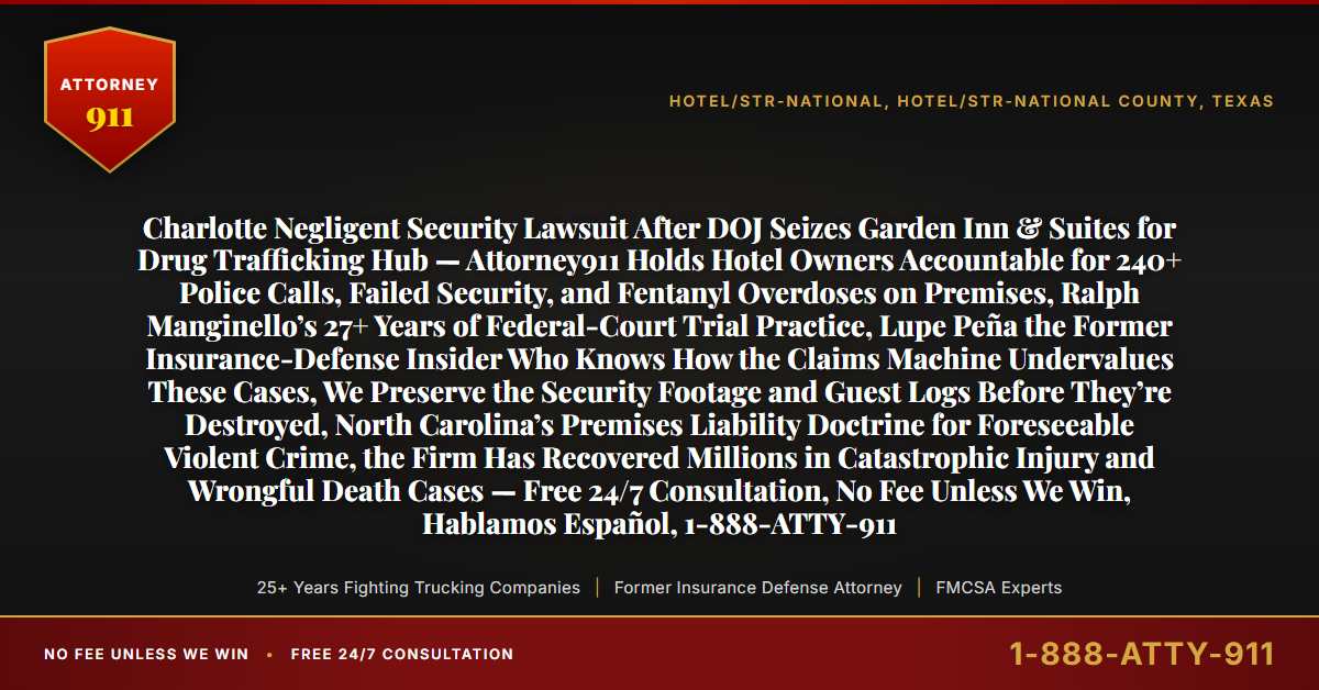 Charlotte Negligent Security Lawsuit After DOJ Seizes Garden Inn & Suites for Drug Trafficking Hub — Attorney911 Holds Hotel Owners Accountable for 240+ Police Calls, Failed Security, and Fentanyl Overdoses on Premises, Ralph Manginello’s 27+ Years of Federal-Court Trial Practice, Lupe Peña the Former Insurance-Defense Insider Who Knows How the Claims Machine Undervalues These Cases, We Preserve the Security Footage and Guest Logs Before They’re Destroyed, North Carolina’s Premises Liability Doctrine for Foreseeable Violent Crime, the Firm Has Recovered Millions in Catastrophic Injury and Wrongful Death Cases — Free 24/7 Consultation, No Fee Unless We Win, Hablamos Español, 1-888-ATTY-911 - Attorney911