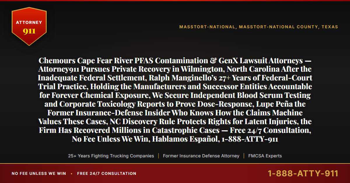 Chemours Cape Fear River PFAS Contamination & GenX Lawsuit Attorneys — Attorney911 Pursues Private Recovery in Wilmington, North Carolina After the Inadequate Federal Settlement, Ralph Manginello’s 27+ Years of Federal-Court Trial Practice, Holding the Manufacturers and Successor Entities Accountable for Forever Chemical Exposure, We Secure Independent Blood Serum Testing and Corporate Toxicology Reports to Prove Dose-Response, Lupe Peña the Former Insurance-Defense Insider Who Knows How the Claims Machine Values These Cases, NC Discovery Rule Protects Rights for Latent Injuries, the Firm Has Recovered Millions in Catastrophic Cases — Free 24/7 Consultation, No Fee Unless We Win, Hablamos Español, 1-888-ATTY-911 - Attorney911