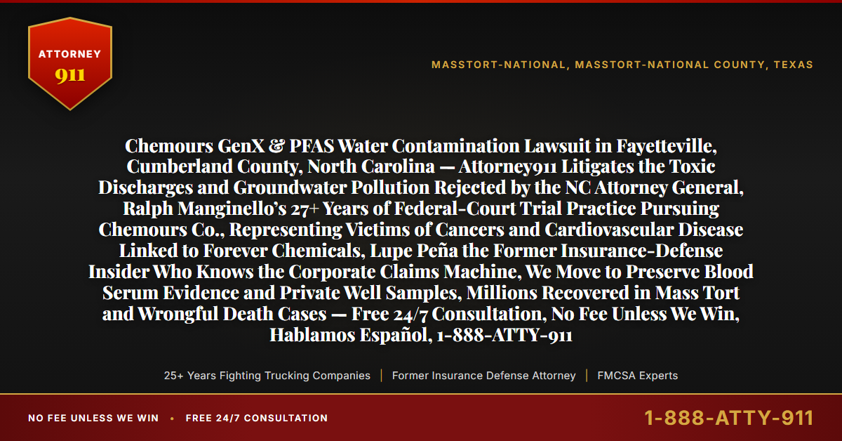 Chemours GenX & PFAS Water Contamination Lawsuit in Fayetteville, Cumberland County, North Carolina — Attorney911 Litigates the Toxic Discharges and Groundwater Pollution Rejected by the NC Attorney General, Ralph Manginello’s 27+ Years of Federal-Court Trial Practice Pursuing Chemours Co., Representing Victims of Cancers and Cardiovascular Disease Linked to Forever Chemicals, Lupe Peña the Former Insurance-Defense Insider Who Knows the Corporate Claims Machine, We Move to Preserve Blood Serum Evidence and Private Well Samples, Millions Recovered in Mass Tort and Wrongful Death Cases — Free 24/7 Consultation, No Fee Unless We Win, Hablamos Español, 1-888-ATTY-911 - Attorney911