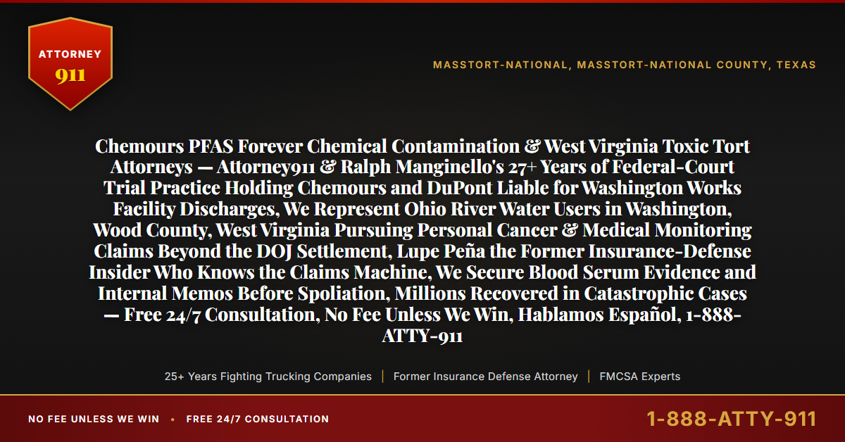 Chemours PFAS Forever Chemical Contamination & West Virginia Toxic Tort Attorneys — Attorney911 & Ralph Manginello's 27+ Years of Federal-Court Trial Practice Holding Chemours and DuPont Liable for Washington Works Facility Discharges, We Represent Ohio River Water Users in Washington, Wood County, West Virginia Pursuing Personal Cancer & Medical Monitoring Claims Beyond the DOJ Settlement, Lupe Peña the Former Insurance-Defense Insider Who Knows the Claims Machine, We Secure Blood Serum Evidence and Internal Memos Before Spoliation, Millions Recovered in Catastrophic Cases — Free 24/7 Consultation, No Fee Unless We Win, Hablamos Español, 1-888-ATTY-911 - Attorney911