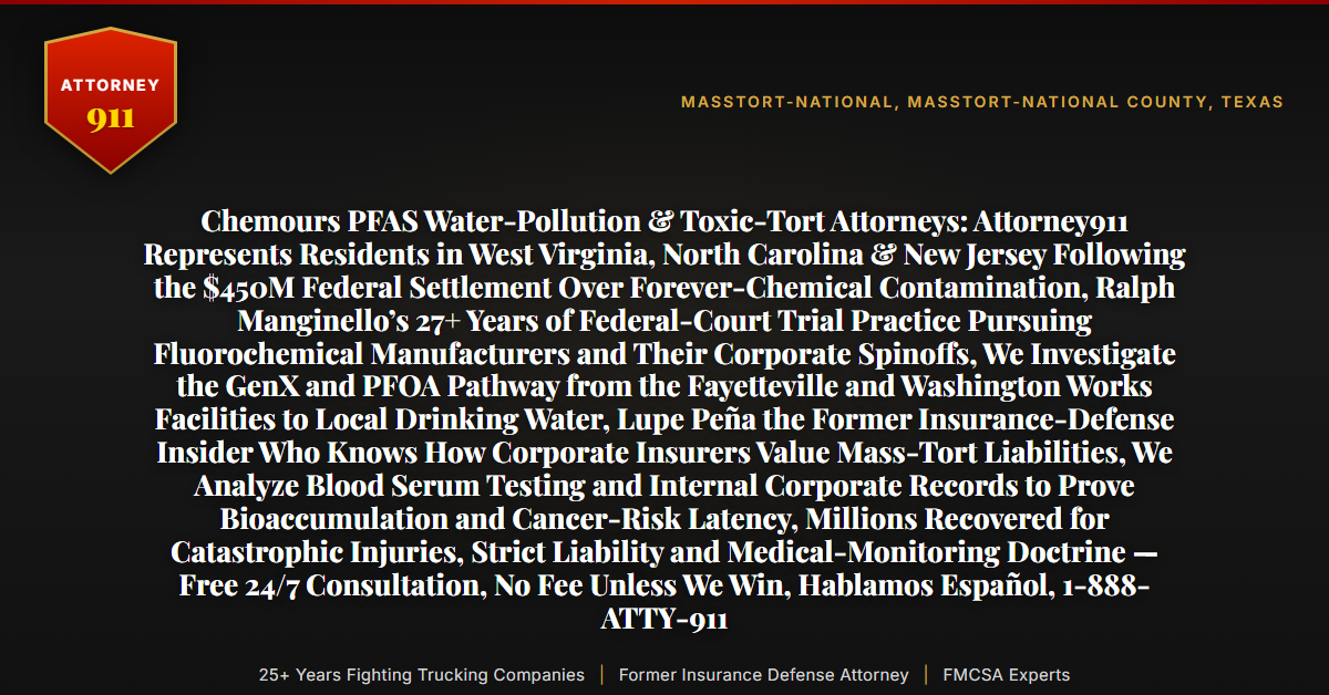 Chemours PFAS Water-Pollution & Toxic-Tort Attorneys: Attorney911 Represents Residents in West Virginia, North Carolina & New Jersey Following the $450M Federal Settlement Over Forever-Chemical Contamination, Ralph Manginello’s 27+ Years of Federal-Court Trial Practice Pursuing Fluorochemical Manufacturers and Their Corporate Spinoffs, We Investigate the GenX and PFOA Pathway from the Fayetteville and Washington Works Facilities to Local Drinking Water, Lupe Peña the Former Insurance-Defense Insider Who Knows How Corporate Insurers Value Mass-Tort Liabilities, We Analyze Blood Serum Testing and Internal Corporate Records to Prove Bioaccumulation and Cancer-Risk Latency, Millions Recovered for Catastrophic Injuries, Strict Liability and Medical-Monitoring Doctrine — Free 24/7 Consultation, No Fee Unless We Win, Hablamos Español, 1-888-ATTY-911 - Attorney911