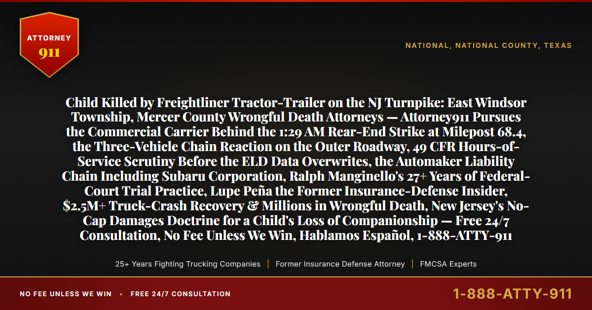 Child Killed by Freightliner Tractor-Trailer on the NJ Turnpike: East Windsor Township, Mercer County Wrongful Death Attorneys — Attorney911 Pursues the Commercial Carrier Behind the 1:29 AM Rear-End Strike at Milepost 68.4, the Three-Vehicle Chain Reaction on the Outer Roadway, 49 CFR Hours-of-Service Scrutiny Before the ELD Data Overwrites, the Automaker Liability Chain Including Subaru Corporation, Ralph Manginello's 27+ Years of Federal-Court Trial Practice, Lupe Peña the Former Insurance-Defense Insider, $2.5M+ Truck-Crash Recovery & Millions in Wrongful Death, New Jersey's No-Cap Damages Doctrine for a Child's Loss of Companionship — Free 24/7 Consultation, No Fee Unless We Win, Hablamos Español, 1-888-ATTY-911 - Attorney911