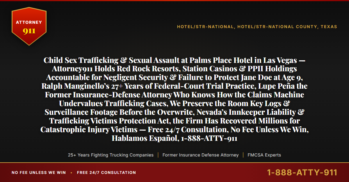 Child Sex Trafficking & Sexual Assault at Palms Place Hotel in Las Vegas — Attorney911 Holds Red Rock Resorts, Station Casinos & PPII Holdings Accountable for Negligent Security & Failure to Protect Jane Doe at Age 9, Ralph Manginello’s 27+ Years of Federal-Court Trial Practice, Lupe Peña the Former Insurance-Defense Attorney Who Knows How the Claims Machine Undervalues Trafficking Cases, We Preserve the Room Key Logs & Surveillance Footage Before the Overwrite, Nevada’s Innkeeper Liability & Trafficking Victims Protection Act, the Firm Has Recovered Millions for Catastrophic Injury Victims — Free 24/7 Consultation, No Fee Unless We Win, Hablamos Español, 1-888-ATTY-911 - Attorney911