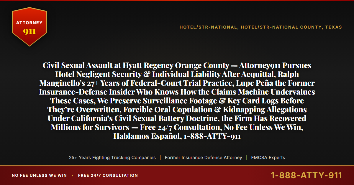 Civil Sexual Assault at Hyatt Regency Orange County — Attorney911 Pursues Hotel Negligent Security & Individual Liability After Acquittal, Ralph Manginello’s 27+ Years of Federal-Court Trial Practice, Lupe Peña the Former Insurance-Defense Insider Who Knows How the Claims Machine Undervalues These Cases, We Preserve Surveillance Footage & Key Card Logs Before They’re Overwritten, Forcible Oral Copulation & Kidnapping Allegations Under California’s Civil Sexual Battery Doctrine, the Firm Has Recovered Millions for Survivors — Free 24/7 Consultation, No Fee Unless We Win, Hablamos Español, 1-888-ATTY-911 - Attorney911