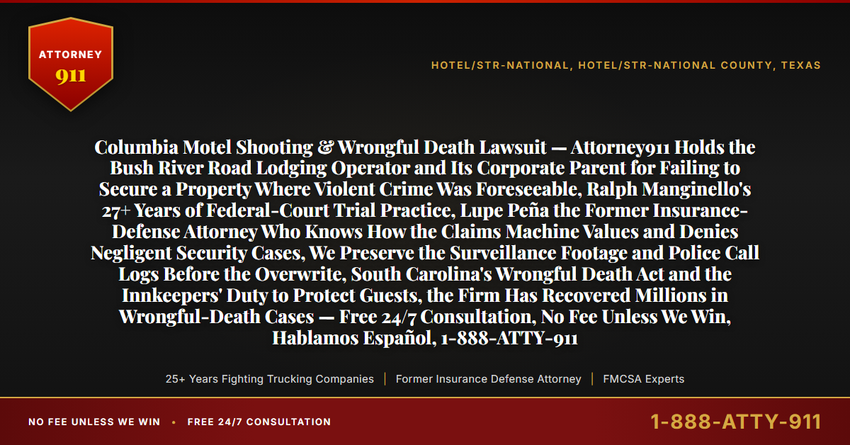Columbia Motel Shooting & Wrongful Death Lawsuit — Attorney911 Holds the Bush River Road Lodging Operator and Its Corporate Parent for Failing to Secure a Property Where Violent Crime Was Foreseeable, Ralph Manginello's 27+ Years of Federal-Court Trial Practice, Lupe Peña the Former Insurance-Defense Attorney Who Knows How the Claims Machine Values and Denies Negligent Security Cases, We Preserve the Surveillance Footage and Police Call Logs Before the Overwrite, South Carolina's Wrongful Death Act and the Innkeepers' Duty to Protect Guests, the Firm Has Recovered Millions in Wrongful-Death Cases — Free 24/7 Consultation, No Fee Unless We Win, Hablamos Español, 1-888-ATTY-911 - Attorney911