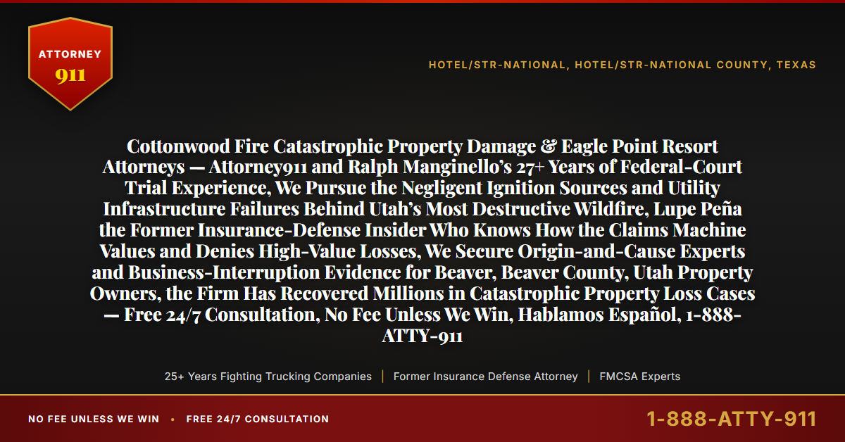 Cottonwood Fire Catastrophic Property Damage & Eagle Point Resort Attorneys — Attorney911 and Ralph Manginello’s 27+ Years of Federal-Court Trial Experience, We Pursue the Negligent Ignition Sources and Utility Infrastructure Failures Behind Utah’s Most Destructive Wildfire, Lupe Peña the Former Insurance-Defense Insider Who Knows How the Claims Machine Values and Denies High-Value Losses, We Secure Origin-and-Cause Experts and Business-Interruption Evidence for Beaver, Beaver County, Utah Property Owners, the Firm Has Recovered Millions in Catastrophic Property Loss Cases — Free 24/7 Consultation, No Fee Unless We Win, Hablamos Español, 1-888-ATTY-911 - Attorney911