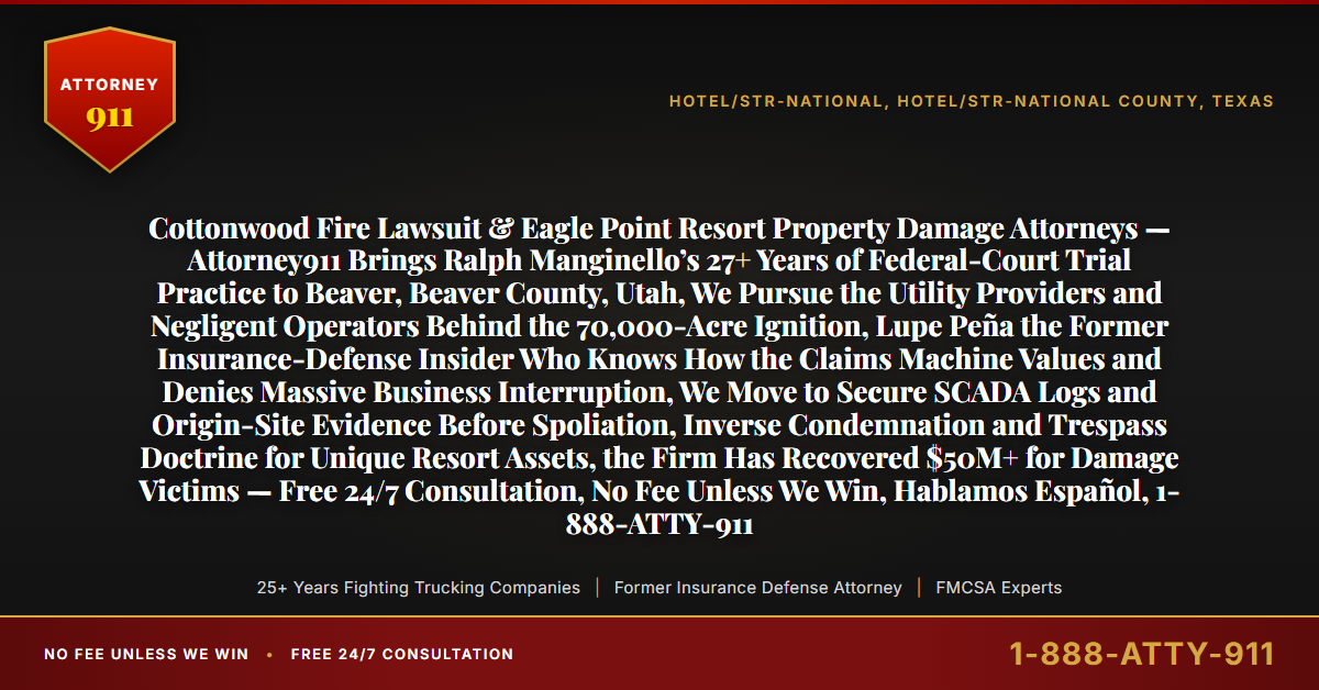 Cottonwood Fire Lawsuit & Eagle Point Resort Property Damage Attorneys — Attorney911 Brings Ralph Manginello’s 27+ Years of Federal-Court Trial Practice to Beaver, Beaver County, Utah, We Pursue the Utility Providers and Negligent Operators Behind the 70,000-Acre Ignition, Lupe Peña the Former Insurance-Defense Insider Who Knows How the Claims Machine Values and Denies Massive Business Interruption, We Move to Secure SCADA Logs and Origin-Site Evidence Before Spoliation, Inverse Condemnation and Trespass Doctrine for Unique Resort Assets, the Firm Has Recovered $50M+ for Damage Victims — Free 24/7 Consultation, No Fee Unless We Win, Hablamos Español, 1-888-ATTY-911 - Attorney911
