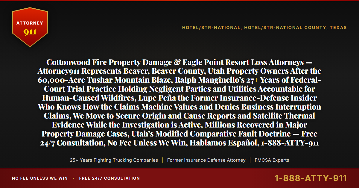 Cottonwood Fire Property Damage & Eagle Point Resort Loss Attorneys — Attorney911 Represents Beaver, Beaver County, Utah Property Owners After the 60,000-Acre Tushar Mountain Blaze, Ralph Manginello’s 27+ Years of Federal-Court Trial Practice Holding Negligent Parties and Utilities Accountable for Human-Caused Wildfires, Lupe Peña the Former Insurance-Defense Insider Who Knows How the Claims Machine Values and Denies Business Interruption Claims, We Move to Secure Origin and Cause Reports and Satellite Thermal Evidence While the Investigation is Active, Millions Recovered in Major Property Damage Cases, Utah’s Modified Comparative Fault Doctrine — Free 24/7 Consultation, No Fee Unless We Win, Hablamos Español, 1-888-ATTY-911 - Attorney911
